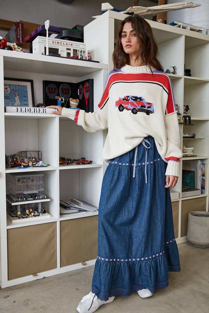 Vintage Car Knit Pullover-OATMEAL