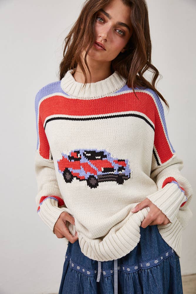 Vintage Car Knit Pullover-OATMEAL