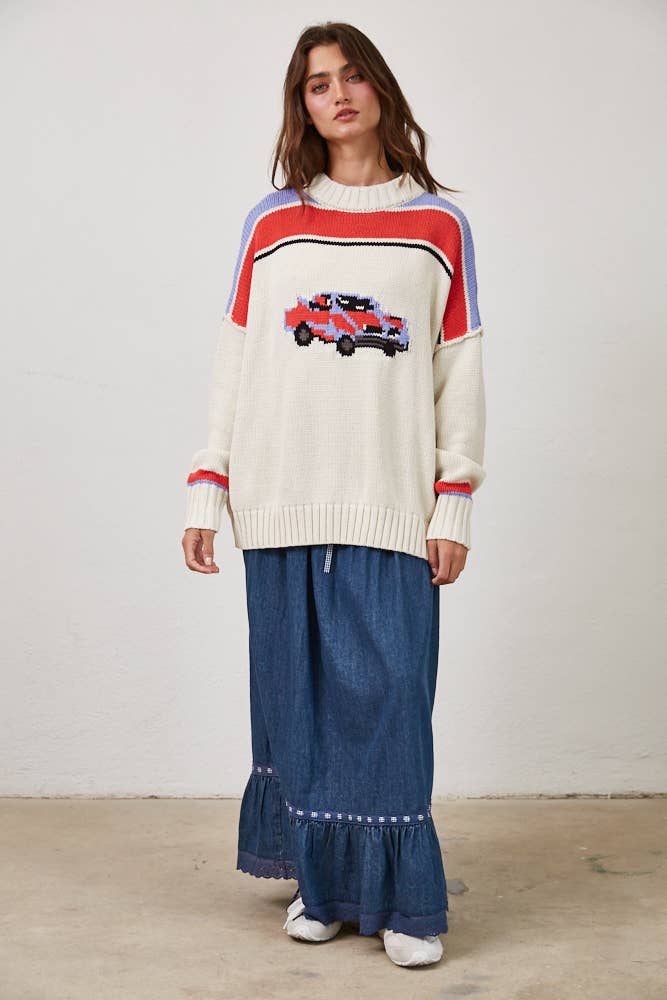 Vintage Car Knit Pullover-OATMEAL