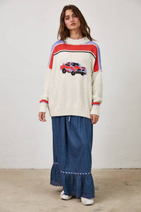 Vintage Car Knit Pullover-OATMEAL