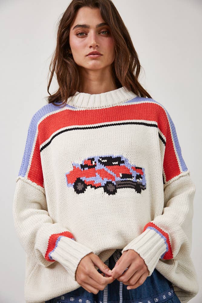Vintage Car Knit Pullover-OATMEAL