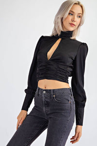 High Neck Satin Long Sleeve Top With Open Bust and Open Tie Back