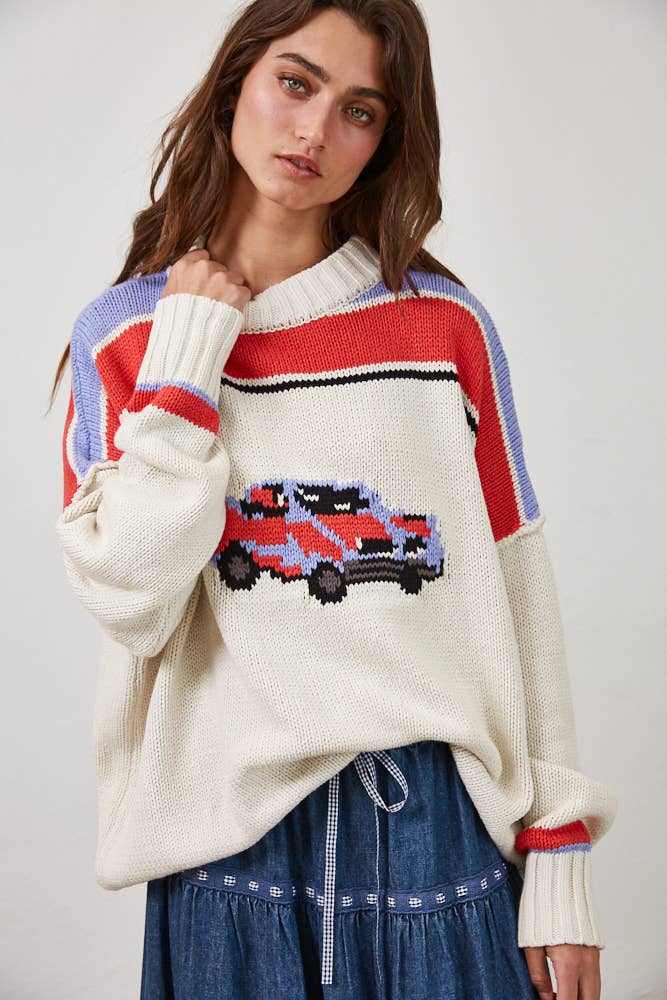 Vintage Car Knit Pullover-OATMEAL