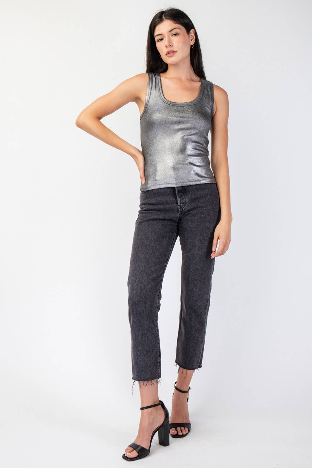 METALLIC COATED RIBBED KNIT NECK TOP - GUNMETAL