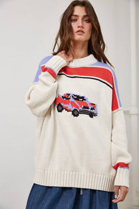 Vintage Car Knit Pullover-OATMEAL