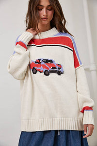 Vintage Car Knit Pullover-OATMEAL