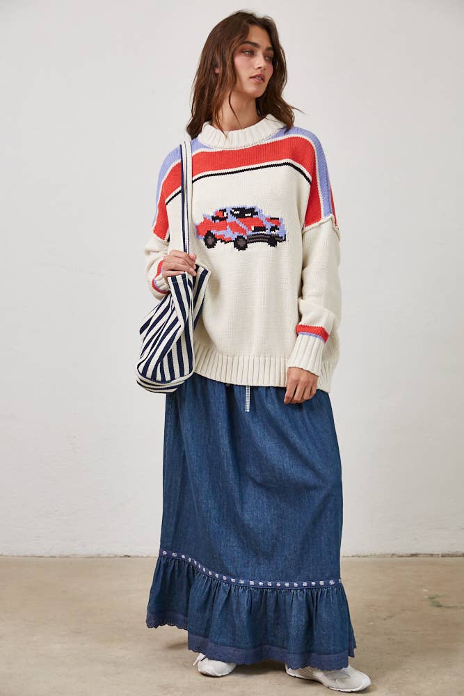 Vintage Car Knit Pullover-OATMEAL