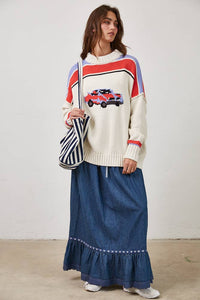 Vintage Car Knit Pullover-OATMEAL