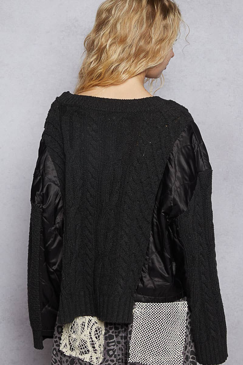 V-neck long sleeve twist knit contrast pullover