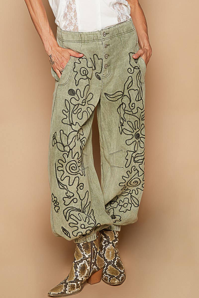 Floral embroidered pattern solid twill pants