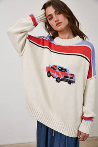 Vintage Car Knit Pullover-OATMEAL