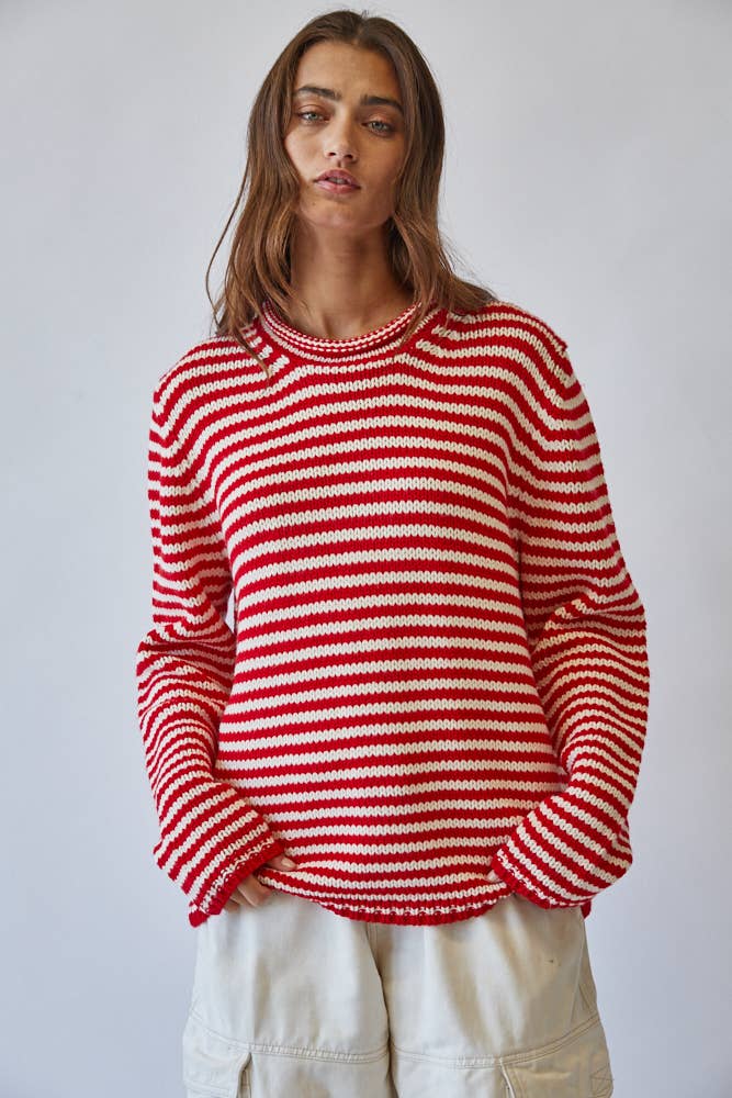 Everyday Cozy Stripe Knit Sweater RED