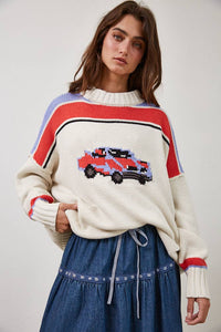Vintage Car Knit Pullover-OATMEAL