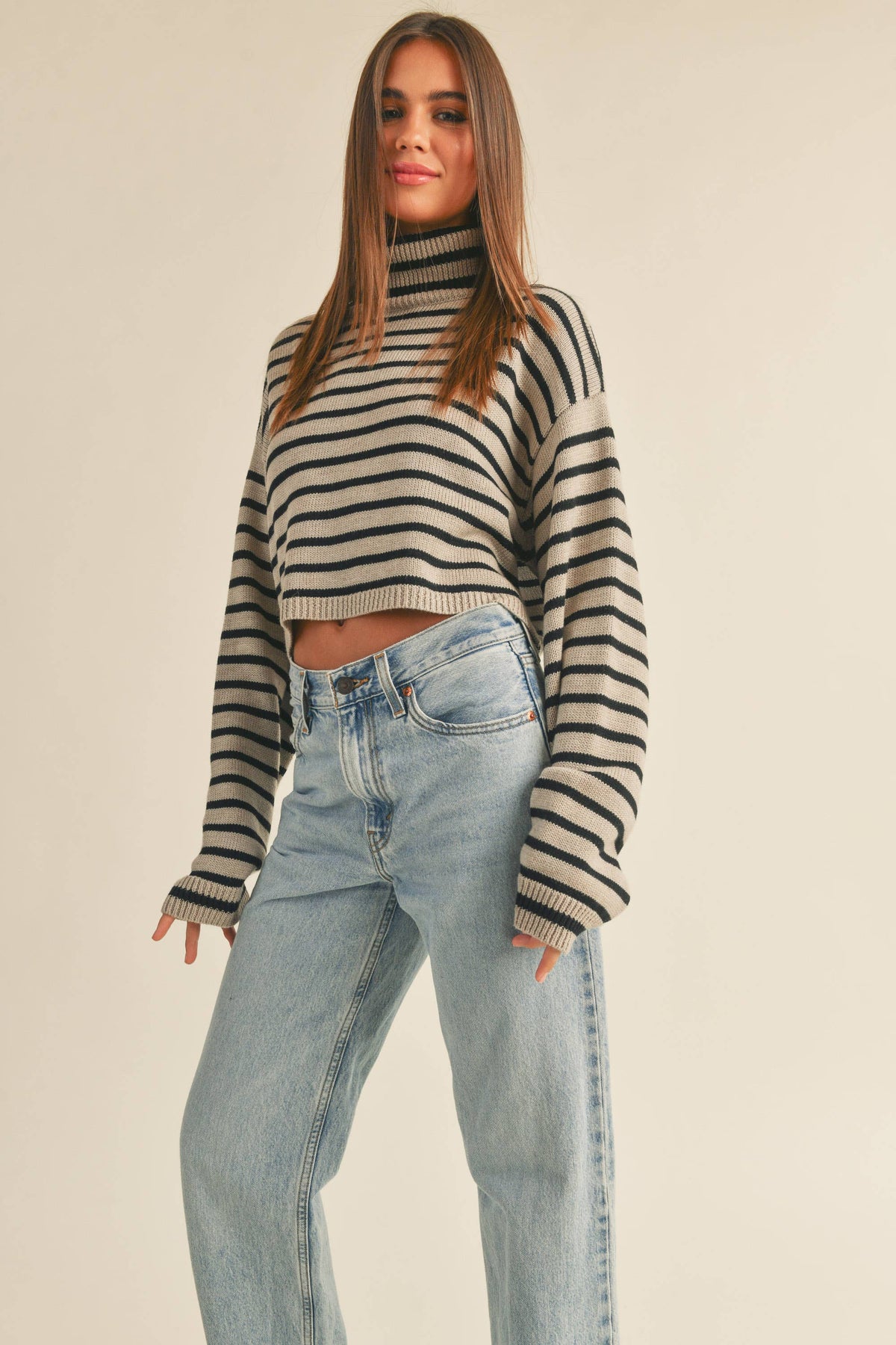 GRACIE STRIPED TURTLE NECK CROP SWEATER