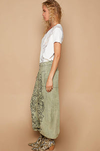 Floral embroidered pattern solid twill pants