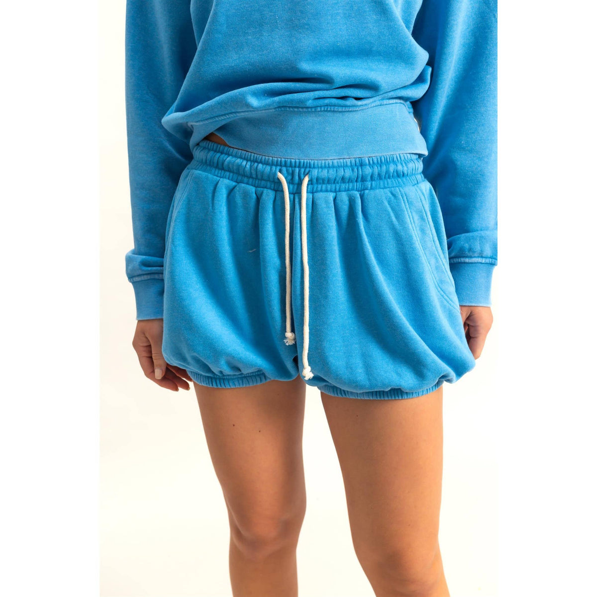 Rest Day Bubbled Hem Shorts Drawstring Waist - Washed Blue