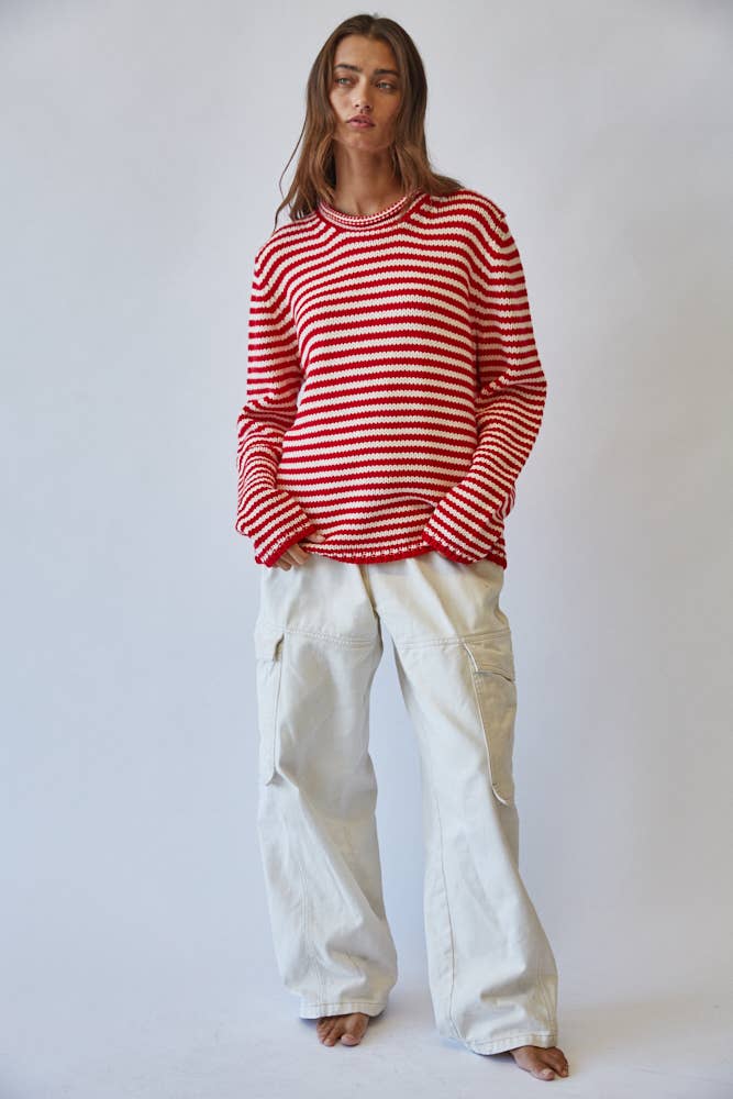 Everyday Cozy Stripe Knit Sweater RED