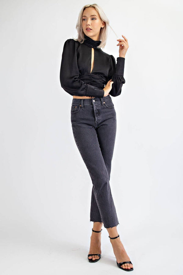 High Neck Satin Long Sleeve Top With Open Bust and Open Tie Back