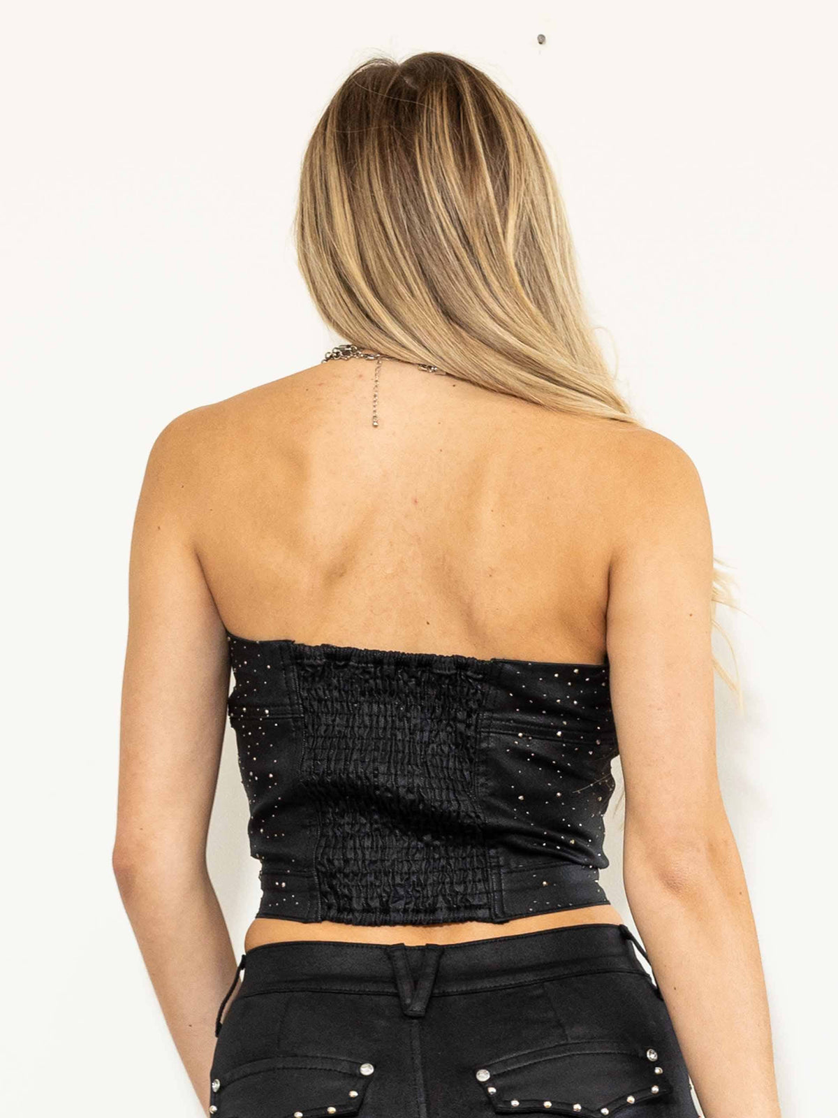 Coated Demin Rhinestone Strapless Bustier Top