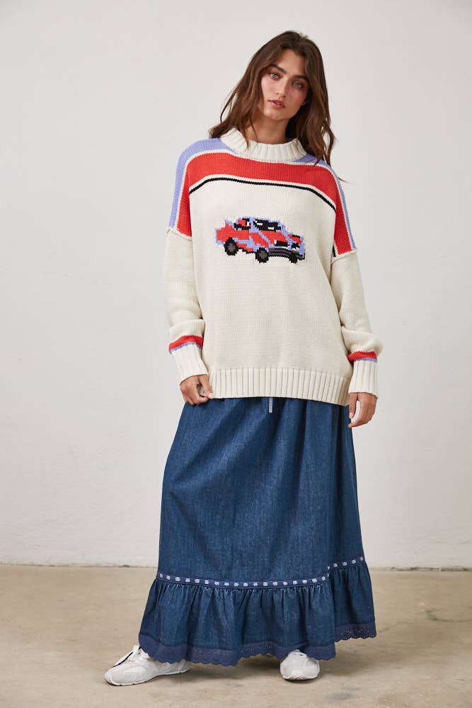 Vintage Car Knit Pullover-OATMEAL