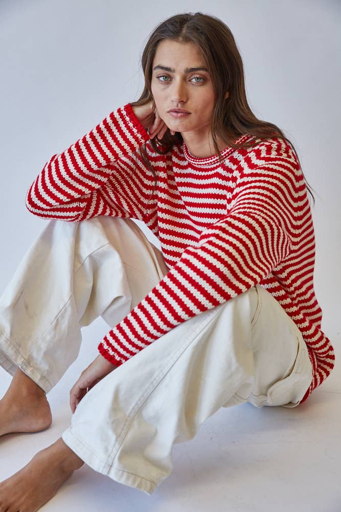 Everyday Cozy Stripe Knit Sweater RED