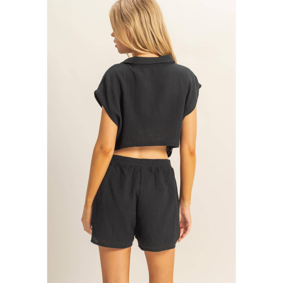 Double Gauze Cotton Cutout Romper - Black