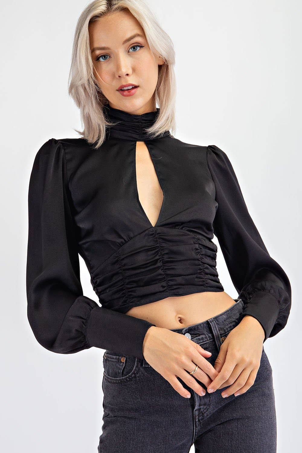 High Neck Satin Long Sleeve Top With Open Bust and Open Tie Back