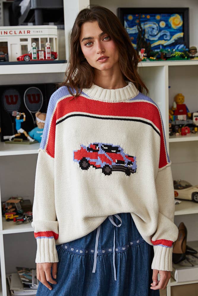 Vintage Car Knit Pullover-OATMEAL