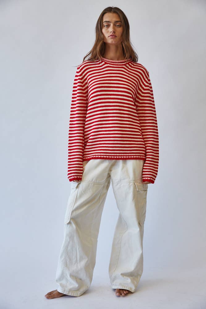 Everyday Cozy Stripe Knit Sweater RED