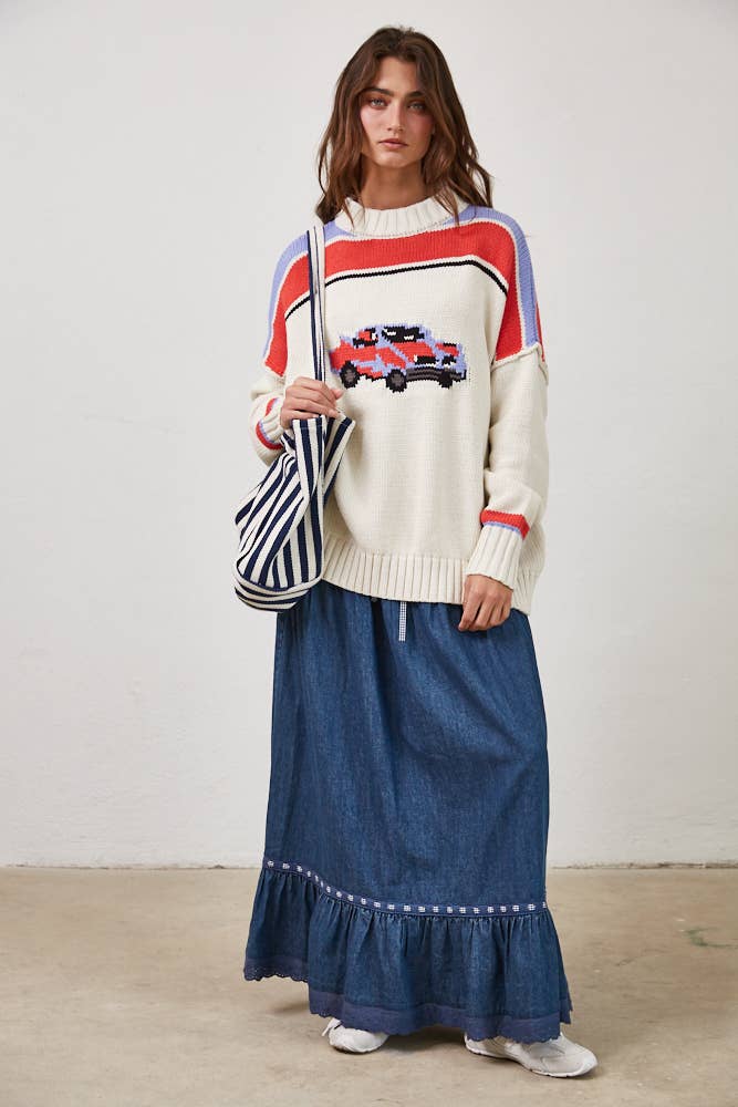 Vintage Car Knit Pullover-OATMEAL