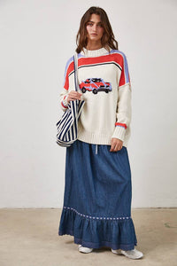 Vintage Car Knit Pullover-OATMEAL