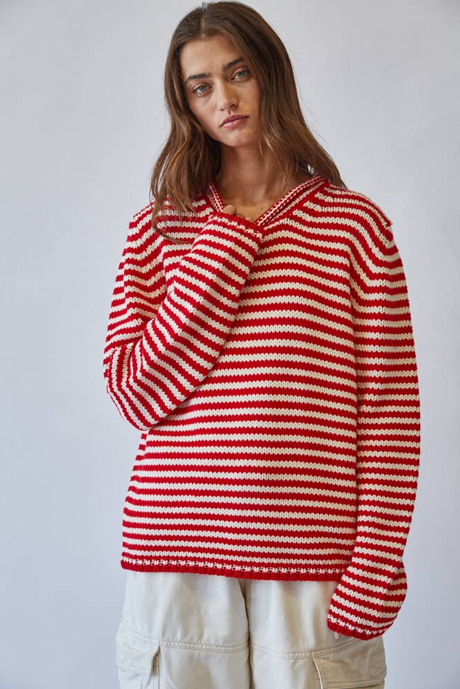 Everyday Cozy Stripe Knit Sweater RED