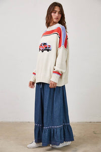 Vintage Car Knit Pullover-OATMEAL