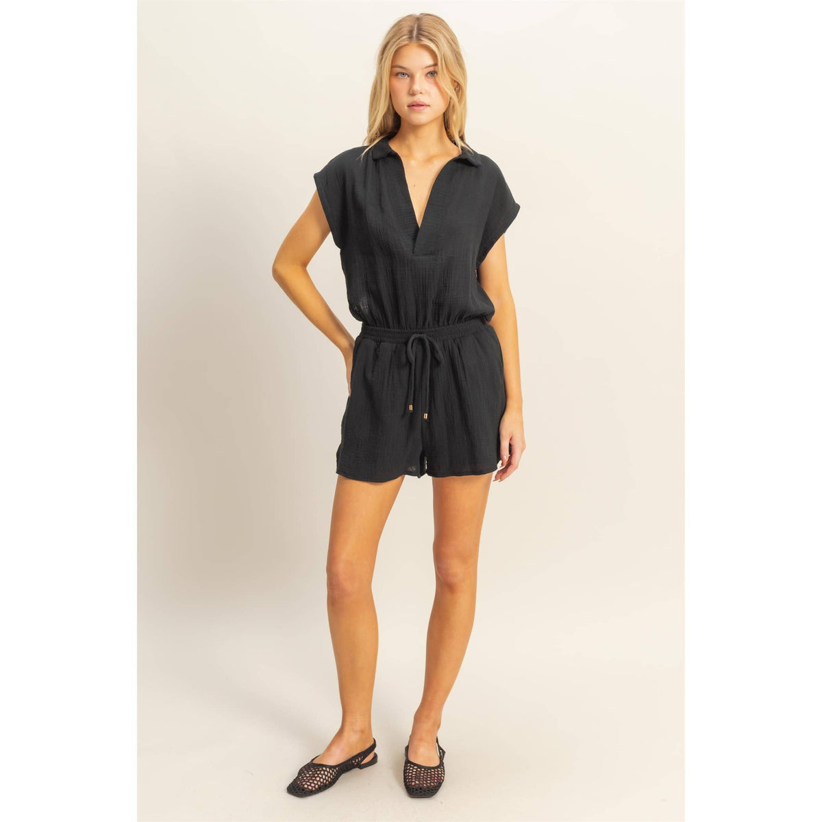 Double Gauze Cotton Cutout Romper - Black