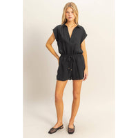 Double Gauze Cotton Cutout Romper - Black
