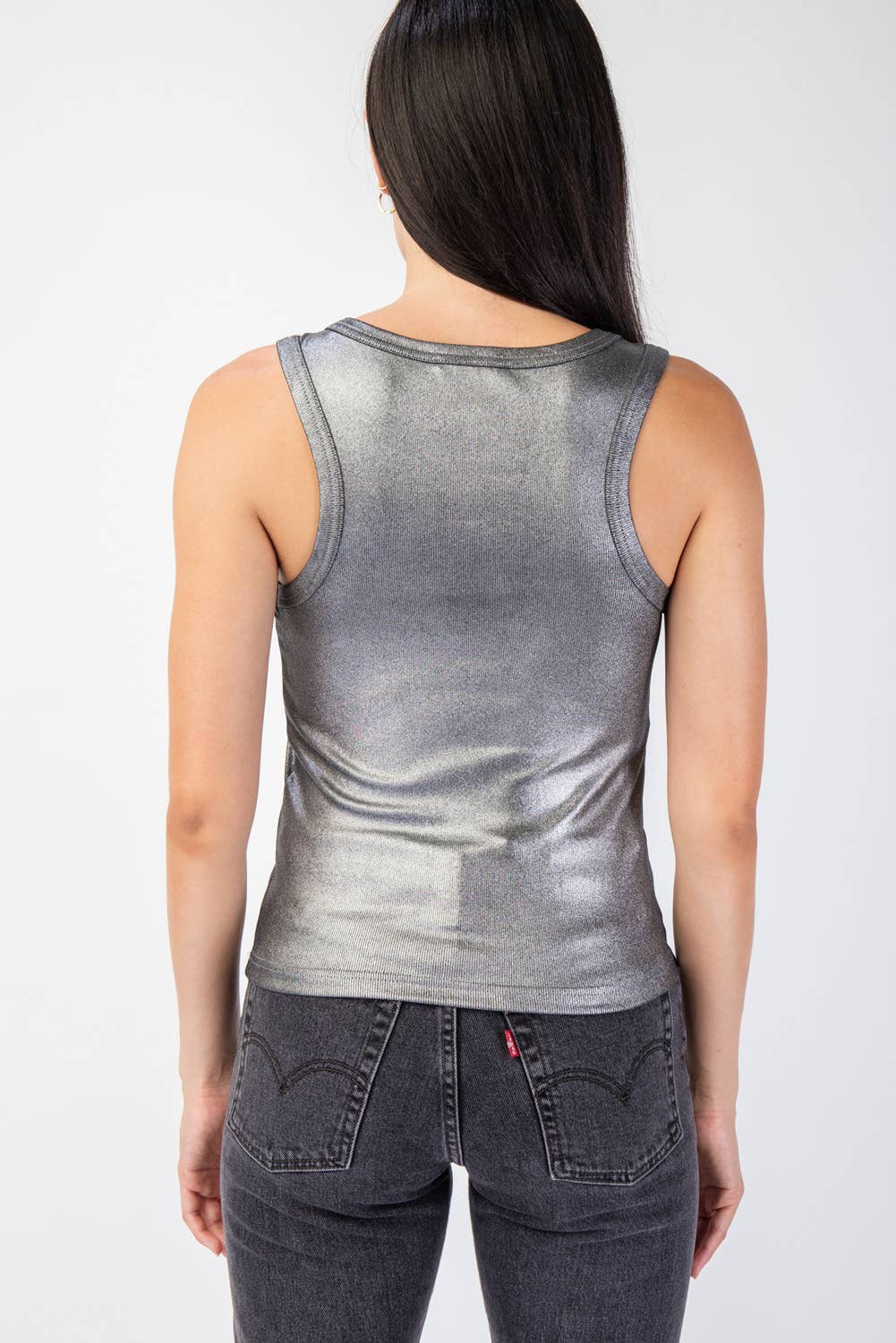 METALLIC COATED RIBBED KNIT NECK TOP - GUNMETAL
