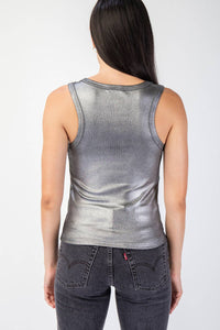METALLIC COATED RIBBED KNIT NECK TOP - GUNMETAL