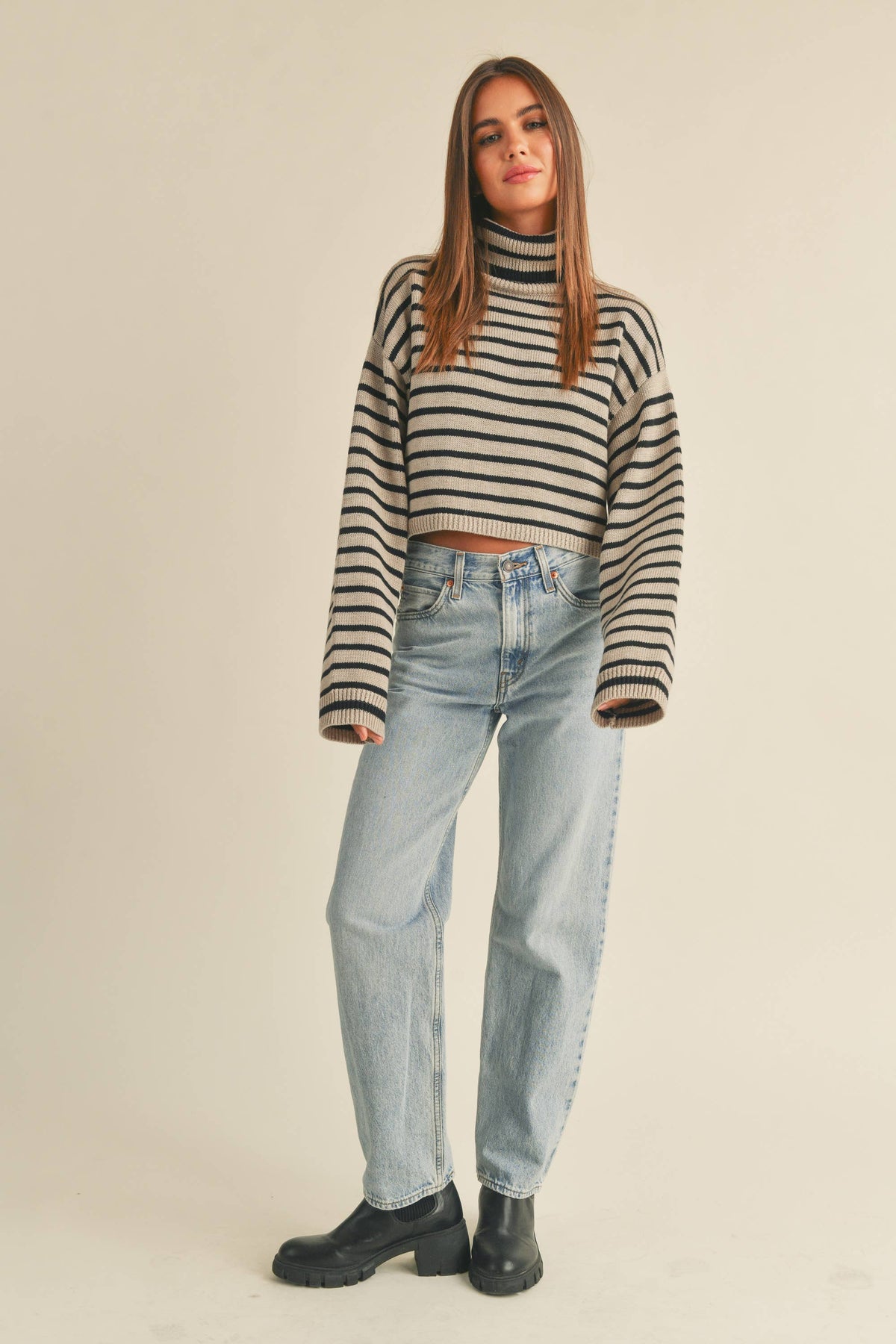 GRACIE STRIPED TURTLE NECK CROP SWEATER