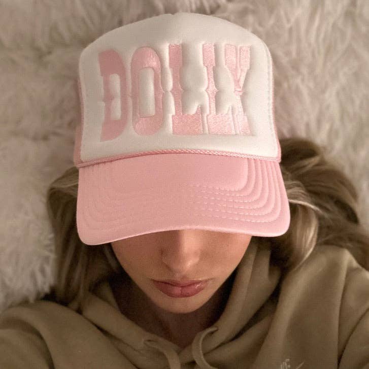 Dolly Embroidered Trucker Hat - Baby Pink and White