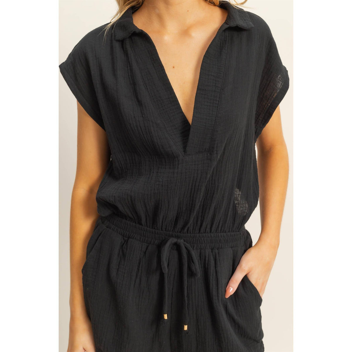 Double Gauze Cotton Cutout Romper - Black