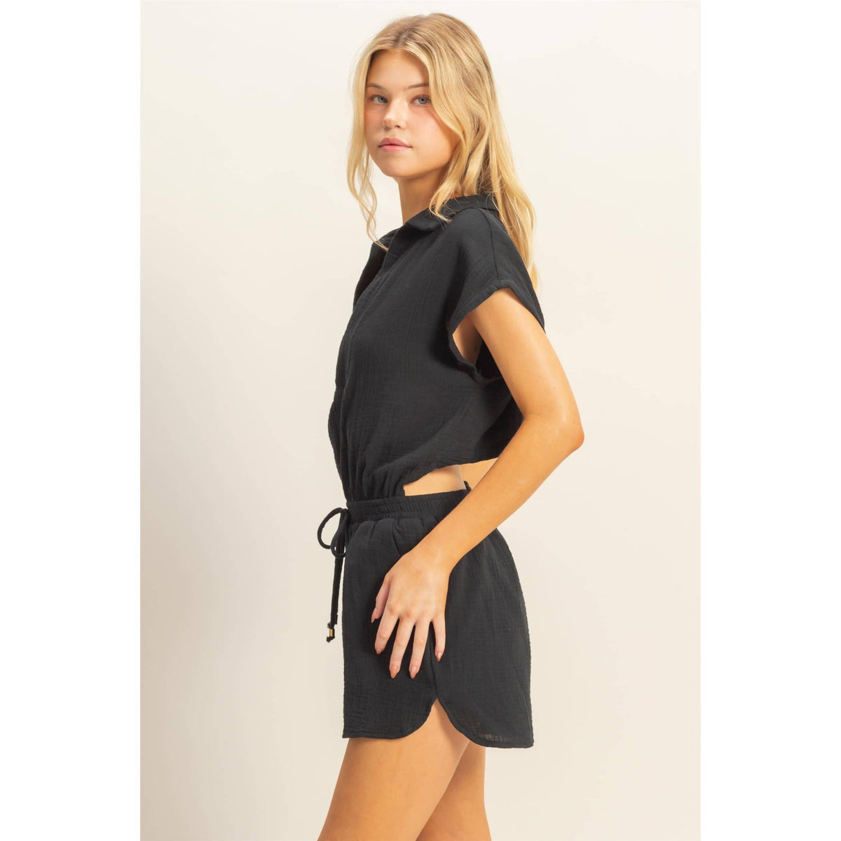 Double Gauze Cotton Cutout Romper - Black
