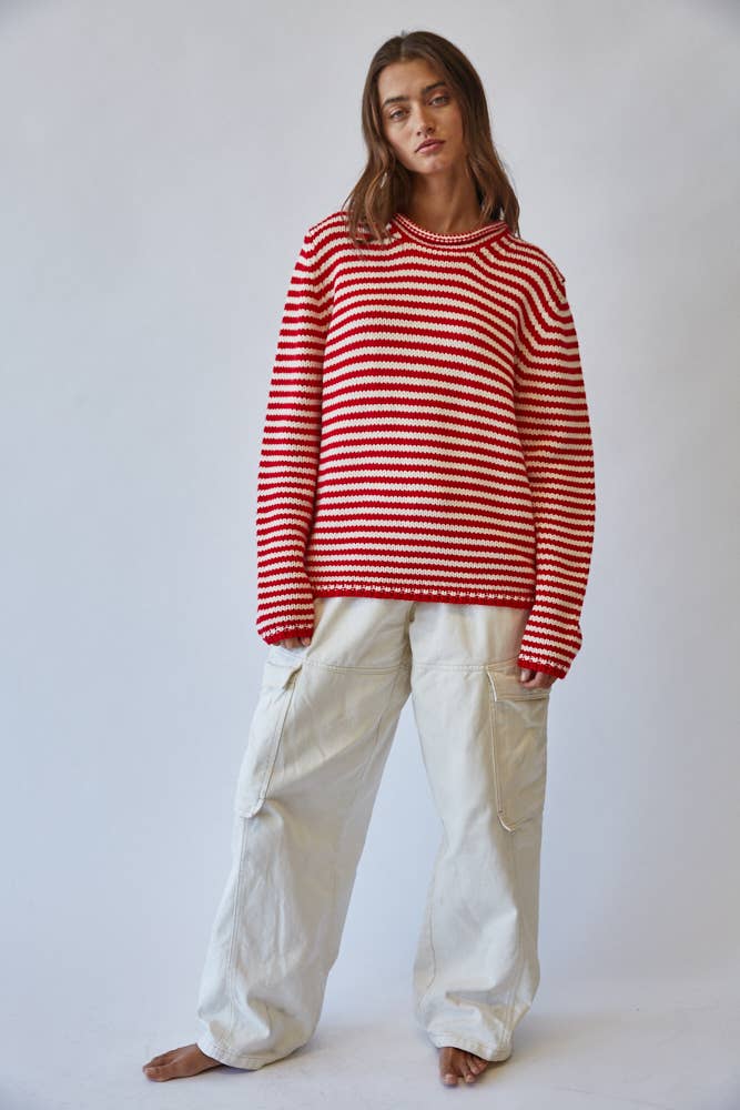 Everyday Cozy Stripe Knit Sweater RED