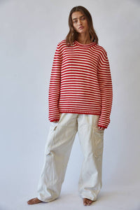 Everyday Cozy Stripe Knit Sweater RED