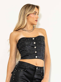 Coated Demin Rhinestone Strapless Bustier Top