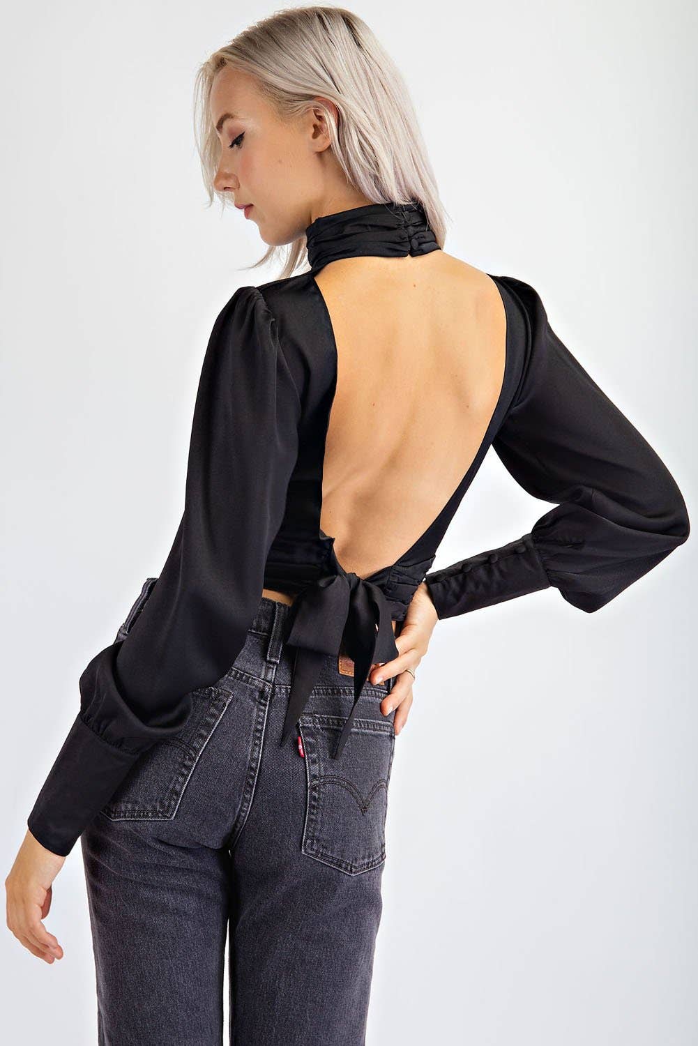 High Neck Satin Long Sleeve Top With Open Bust and Open Tie Back