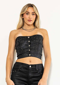 Coated Demin Rhinestone Strapless Bustier Top