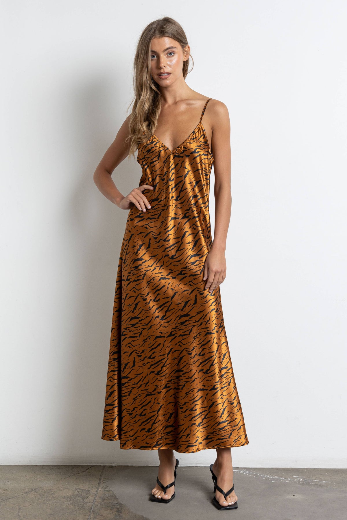 tiger satin slip dress ORANGE TIGER PRINT SATIN SLIP DRESS Arelia's Dream