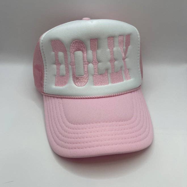 Dolly Embroidered Trucker Hat - Baby Pink and White