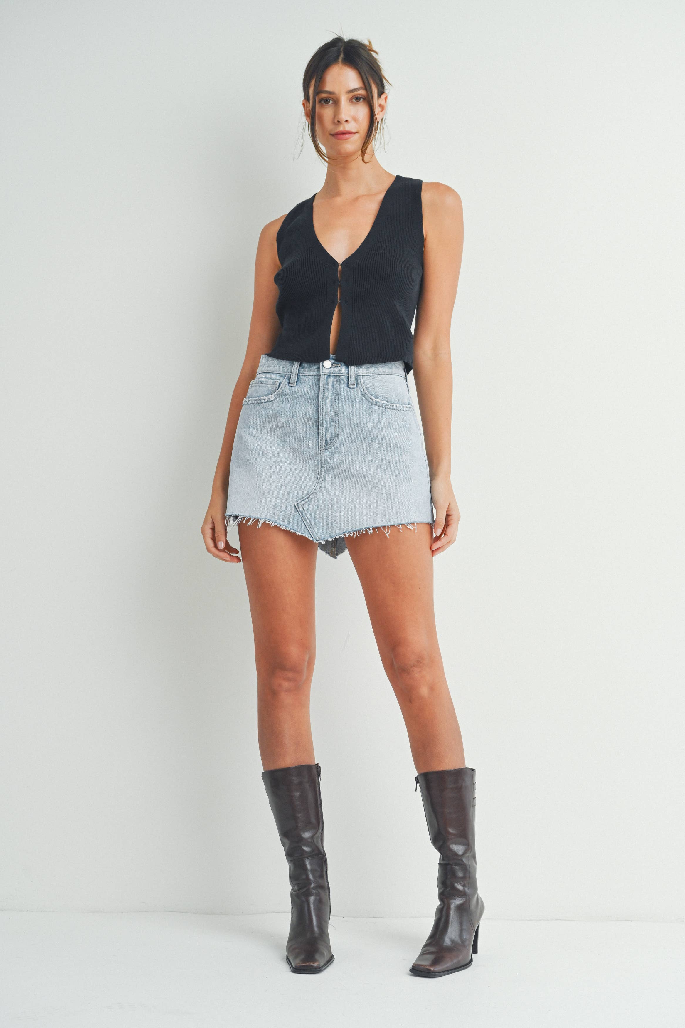 【BOHEMIAN SEOUL】BOHEMSEO CROSSOVER DENIM MINI SKIRT 正規品 CROSSOVER DENIM MINI SKIRT, SNOW BLACK - bohemseo