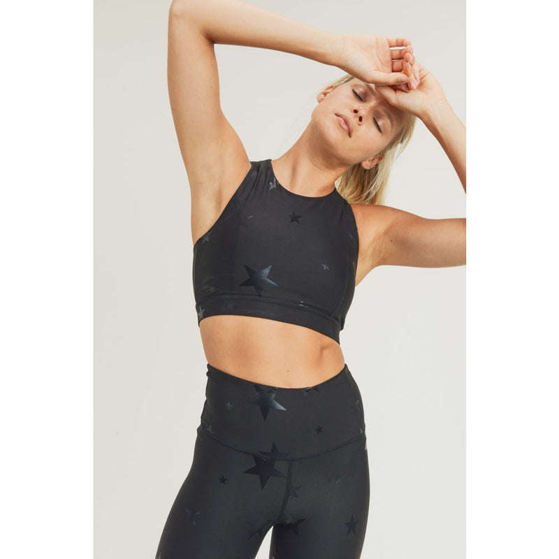 Star Foil Sports Bra with Overlay Back -Black